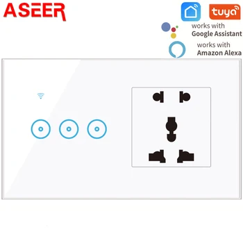 ASEER Tuya/Ewelink Elektrické Zásuvky s vypínačom WiFi LED Svetlo, Dotyk Prepínač 3Gang Universal Plug Zásuvky Kompatibilné Alexa Google