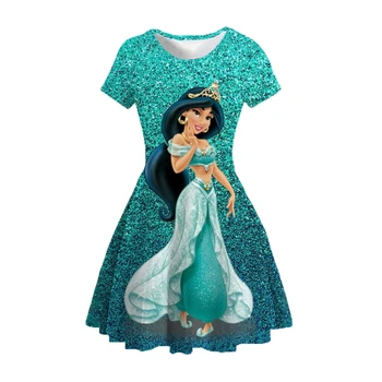 Deti, Dievčatá Disney Princezná Jasmine Tlač Šaty Módne Dieťa Dievča Leta Volánikmi Kostýmy Deti Sladké Krátky rukáv Oblečenie