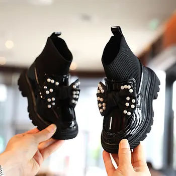 Dievča Zrastov Členkové Topánky Deti Slip-on Kožené Topánky Patent Pearl Bowknot 2021 Dieťa Školskú Uniformu Šaty Hrubé Dno Obuvi
