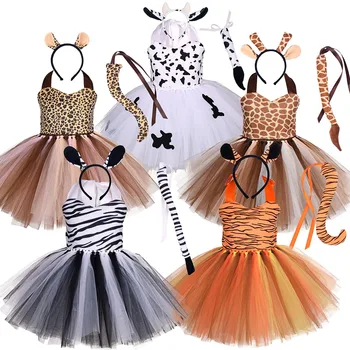 Halloween Zvierat Cosplay Kostým pre Deti Lesné Tému, Kravy, Tiger, Žirafa Leopard Zebra Tutu Šaty Výkon Tanečné Sety