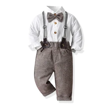 Jeseň Deti Chlapec Formálne Oblečenie Set Sa Batoľa Chlapec Gentleman Jeseň Dlhý Rukáv Biele Tričko+Traky Šedé Nohavice, Šaty, Oblečenie