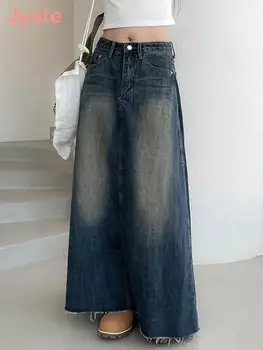 Jyate Vintage Maxi Denim Sukne Ženy Y2k Grunge Streetwear Vrecká Elegantné Dlhé Sukne Ženy Bežné Harajuku Estetické Faldas