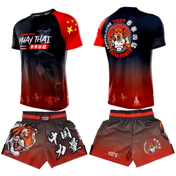 Muži Ženy Thajský Box Vyhovuje Tiger Muay Thai Šortky MMA T Shirt Nastaviť BJJ Rashguard Jiujitsu Školenia Zápas Kickbox Boj Nosenie