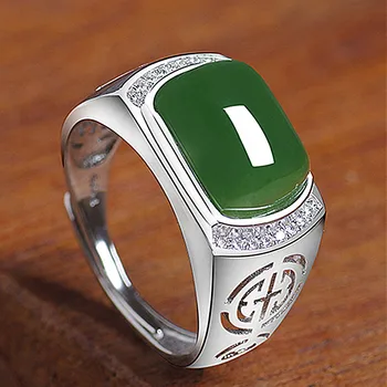 Móda Rezbárstvo Green Jade Kamene Smaragd Diamanty Prstene pre Mužov Biele Zlato Strieborná Farba Bague Šperky Bijoux Darčeky Príslušenstvo