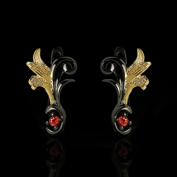 Nádherné Čierne Zlato Dva-tón Listu Náušnice pre Ženy Vysoká Kvalita Nové Šperky Set s Červeným Zirkón Rozšírené kórejský Náušnice