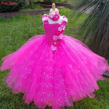POSH SEN Hot Pink Kvet Dievča Tutu Šaty Svadobné Šaty Trblietavý V Tvare Tutu Šaty Junior Bridesmaid, Šaty pre Deti