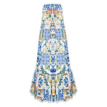 Vysoká kvalita 2021 nové módne letné dlhé sukne dámske elegantné modré a biele porcelánové tlač českého casual Maxi sukne