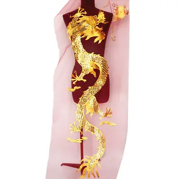 Zlaté Flitre Čínsky Drak Červený Oka Vyšívané Svadobné Šaty Appliques Čipky Trim Šiť Na Patch Pre Šaty DIY Dekorácie
