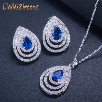 CWWZircons 2021 Najnovšie Veľká Kvapka Vody Modrá CZ Náušnice, Náhrdelník Micro Pave Cubic Zirconia Módne Ženy Šperky Sady T302