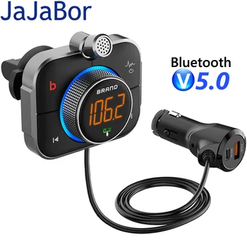 JaJaBor FM Vysielač Bluetooth 5.0 Súprava Handsfree AUX Audio Prijímač, Odnímateľný Mikrofón QC3.0+PD 12W USB Nabíjačka, Auto MP3 Prehrávač