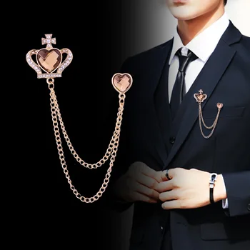 Kórejský v tvare Srdca Koruny Brošňa Pin Drahokamu Crystal Strapec Reťazca Odznak pánske Oblek Tričko Corsage Oblečenie, Šperky, Doplnky