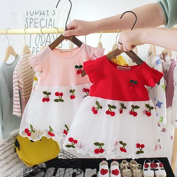 Letné Detské Oblečenie-Krátke rukávy sladké šaty malé cherry výšivky oka, šitie šaty dievča princezná