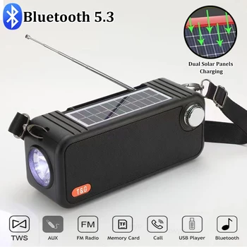 Solárne Rádio Prenosný FM Prijímač Bluetooth5.3 Stereofónny Reproduktor USB/TF/AUX MP3 Prehrávač s Baterka/MIC/Duálne Solárne Panely