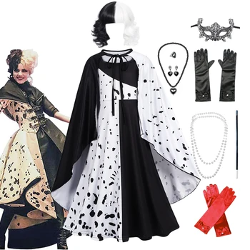 Zlo Madame Cruella De Víl Cosplay Kostým Detský Šaty Black White Polka Dot Dress Dievčatá Halloween Narodeninovej Party Šaty, Parochne