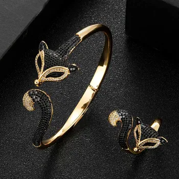 Zlxgirl Luxusné značky fox tvar zvierat, svadobný prsteň náramok 2ks šperky sady jet hnedé zirconia náramok s krúžkom bijoux nastaviť